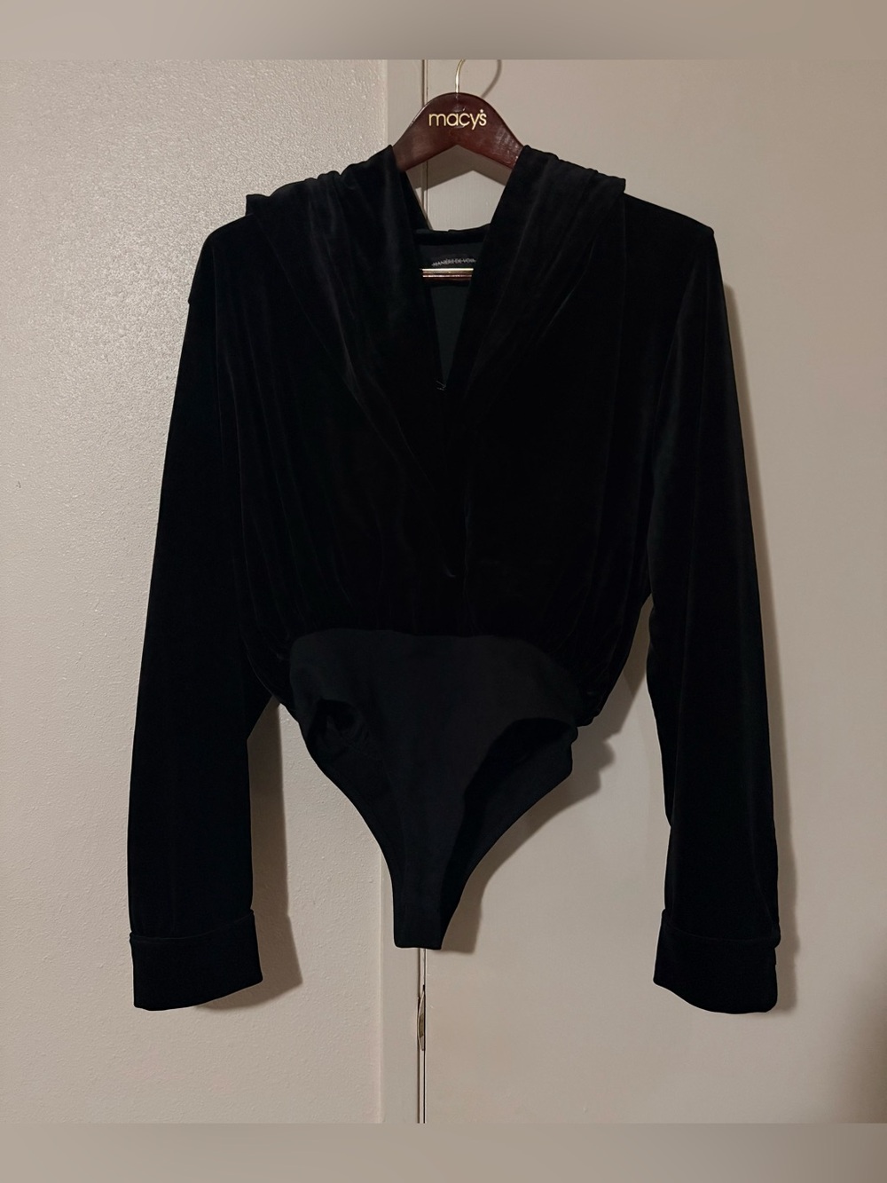 Vintage Maniere De Voir Black V Neck Velvet Hooded Bodysuit W/ Long Sleeves